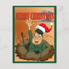Postal Festiva Hombre del ejército agitando con Santa Hat