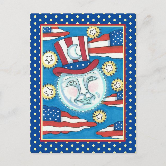 POSTAL FESTIVA HOMBRE PATRIÓTICO DE ARTE FOLK EN LA LUNA (Anverso)