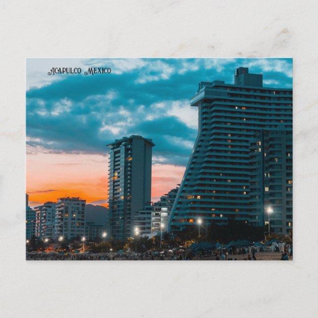 Postal Festiva Hora de la noche del Skyline de Acapulco México (Anverso)