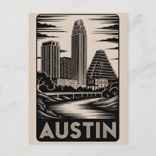 Postal Festiva Horizonte de Austin Texas en negro y blanco estilo