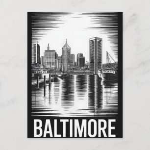 Postal Festiva Horizonte de Baltimore Maryland en negro y blanco