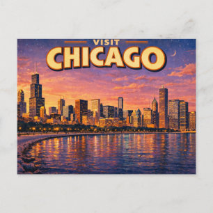 Postal Festiva horizonte de Chicago y lago Michigan al atardecer