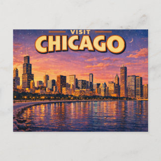 Postal Festiva horizonte de Chicago y lago Michigan al atardecer
