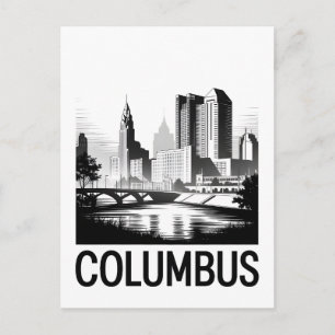 Postal Festiva Horizonte de Columbus Ohio en Grabado en Madera Bl