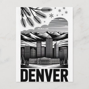 Postal Festiva Horizonte de Denver Colorado Grabado en Madera Bla