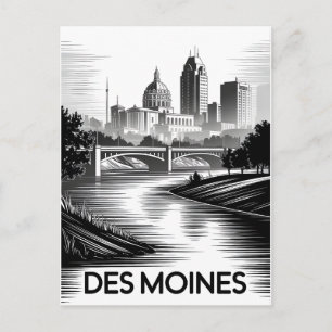 Postal Festiva Horizonte de Des Moines Iowa en negro y blanco est
