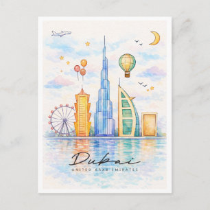Postal Festiva Horizonte de Dubái en Acuarela Arte del Paisaje