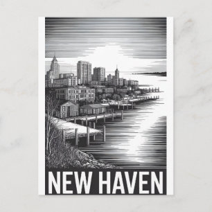 Postal Festiva Horizonte de New Haven Connecticut en negro y blan