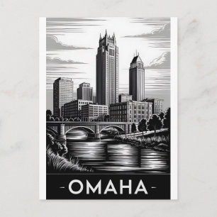 Postal Festiva Horizonte de Omaha Nebraska en negro y blanco