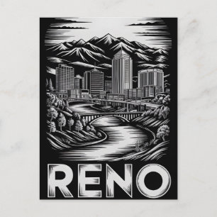 Postal Festiva Horizonte de Reno Nevada en negro y blanco estilo