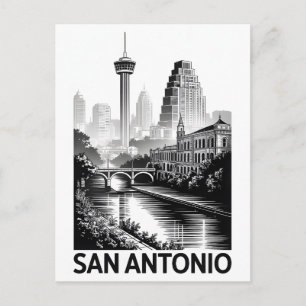 Postal Festiva Horizonte de San Antonio Texas en grabado de mader