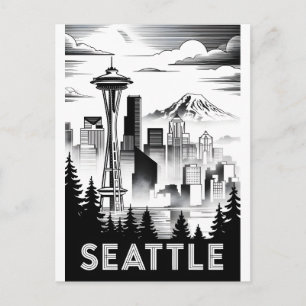Postal Festiva Horizonte de Seattle Washington en Grabado en Made