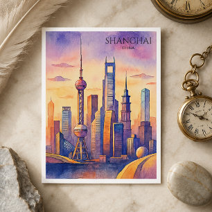 Postal Festiva Horizonte de Shanghái China Viajes Acuarela 