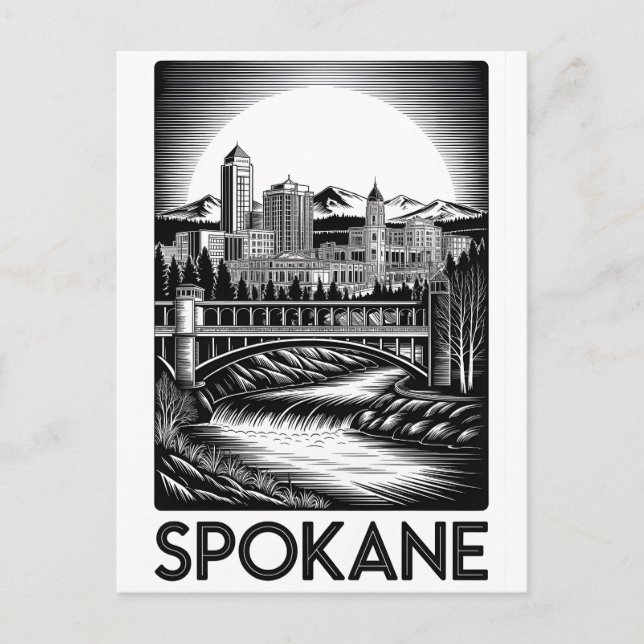 Postal Festiva Horizonte de Spokane Washington Negro Blanco Graba (Anverso)