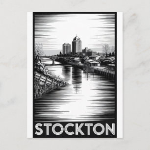Postal Festiva Horizonte de Stockton California en Blanco y Negro
