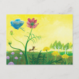 Postal Festiva Hormiga y mariposa en el prado de flores silvestre