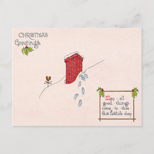 Postal Festiva Huellas de Santa Claus Chimenea Veleta Nieve
