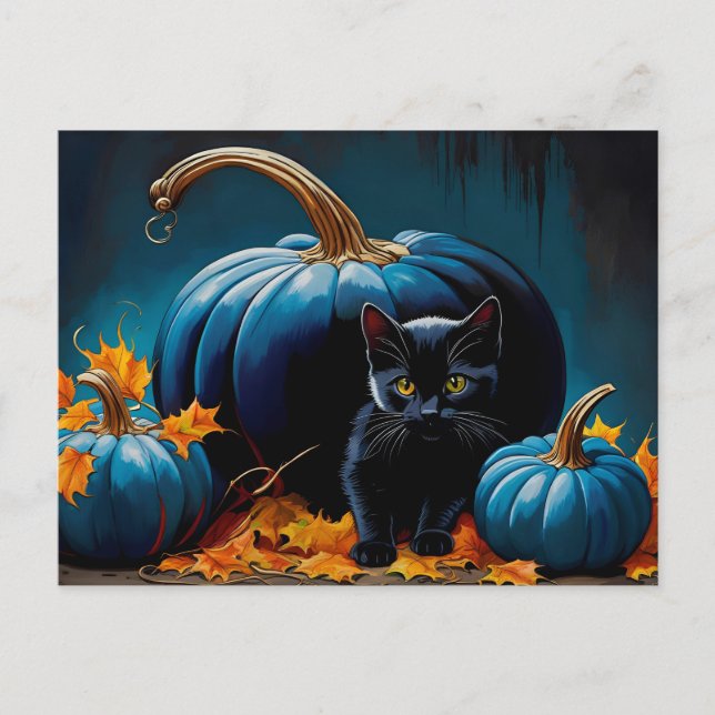 Postal Festiva Huevas otoñales de gatitos negros y calabazas de l (Anverso)