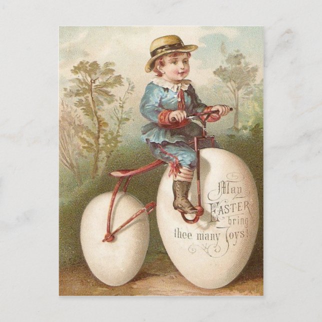 Postal Festiva Huevo de Pascua de Bicicleta de Niño Victoriano (Anverso)