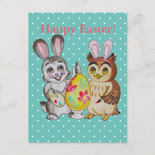 Postal Festiva Huevo de pascua de la pintura feliz del conejito y (Anverso)