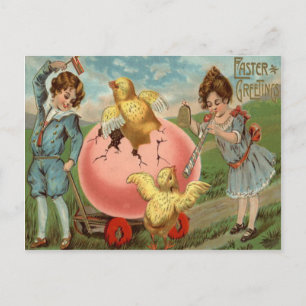 Postal Festiva Huevo de Pascua de pollo de niños victorianos colo