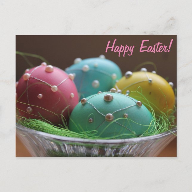 Postal Festiva Huevos coloridos horizontales de "Pascua feliz" (Anverso)