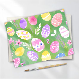 Postal Festiva Huevos de Pascua | Caza de Huevos Acuarela Pastel 