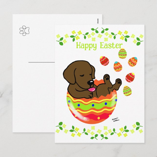 Postal Festiva Huevos de Pascua Chocolate Labrador Flores de Cach (Anverso / Reverso)
