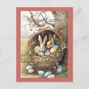 Postal Festiva Huevos de Pascua de conejos en el bosque