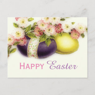 Postal Festiva Huevos de Pascua del vintage con las floraciones