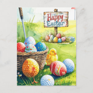 Postal Festiva Huevos de Pascua para golfista en hierba verde
