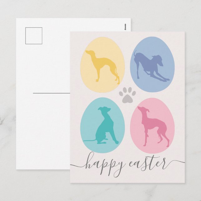 Postal Festiva Huevos de Pascua Perros de Greyhound Italianos Ele (Anverso / Reverso)