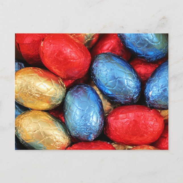Postal Festiva Huevos de Pascua rojos, dorados y azules de chocol (Anverso)