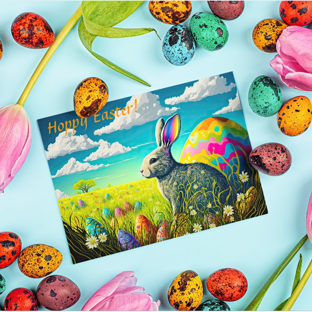 Postal Festiva Huevos de Pascua y conejo de Pascua en Meadow (Subido por el creador)
