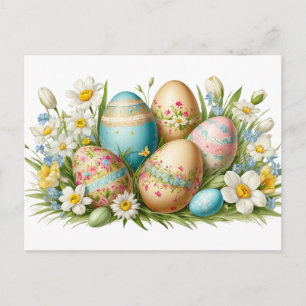 Postal Festiva Huevos de Pascua y flores antiguas 