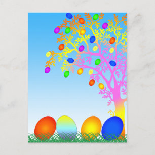 Postal Festiva Huevos divertidos y coloridos con pascua feliz de