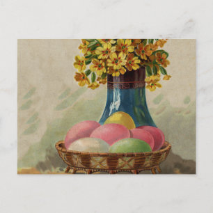Postal Festiva Huevos Flores Canasta Pascua Antiguo