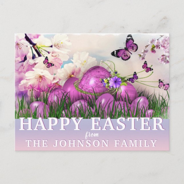 Postal Festiva Huevos morados de mariposas púrpura FELIZ (Anverso)