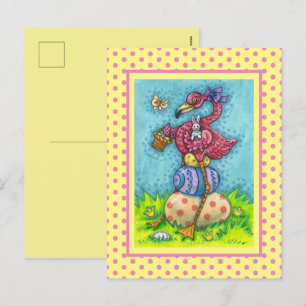 POSTAL FESTIVA HUEVOS ORIENTALES Y FLAMINGO DE ROSA DE BEBÉ CUTID