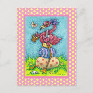 POSTAL FESTIVA HUEVOS ORIENTALES Y FLAMINGO DE ROSA DE BEBÉ CUTID
