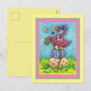 POSTAL FESTIVA HUEVOS ORIENTALES Y FLAMINGO DE ROSA DE BEBÉ CUTID