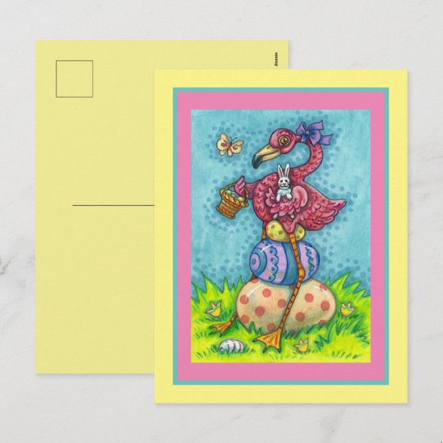 POSTAL FESTIVA HUEVOS ORIENTALES Y FLAMINGO DE ROSA DE BEBÉ CUTID (Anverso / Reverso)