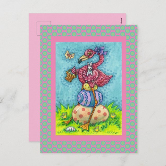 POSTAL FESTIVA HUEVOS ORIENTALES Y FLAMINGO DE ROSA DE BEBÉ CUTID (Anverso / Reverso)