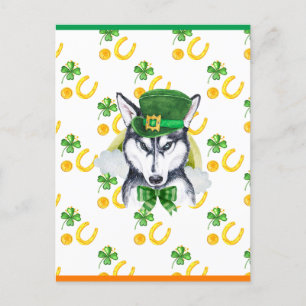 Postal Festiva Husky Siberiano Shamrock Día de San Patricio