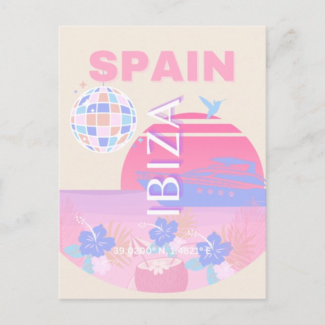 Postal Festiva Ibiza, España, Viajes, Arte Preppy, Rosa (Anverso)