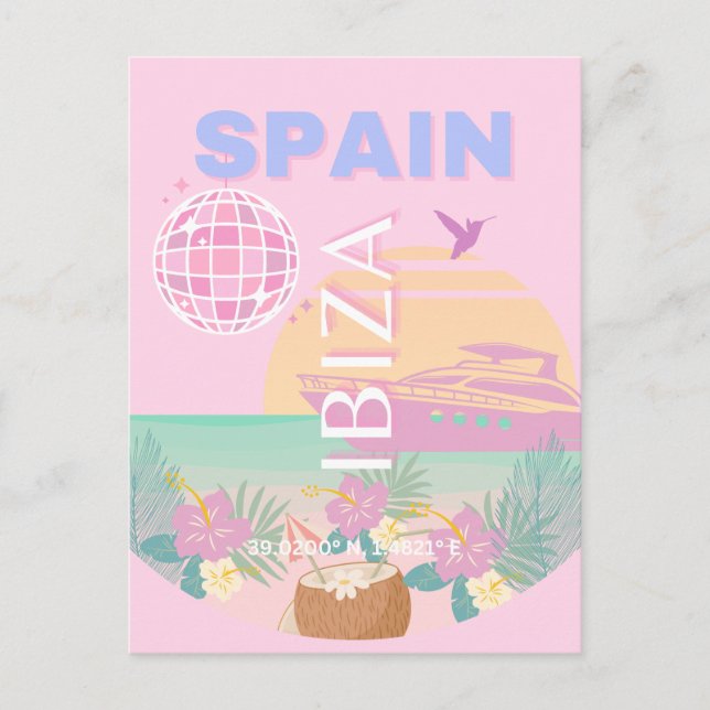 Postal Festiva Ibiza, España, Viajes, Arte Preppy, Rosa (Anverso)