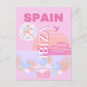 Postal Festiva Ibiza, España, Viajes, Arte Preppy, Rosa
