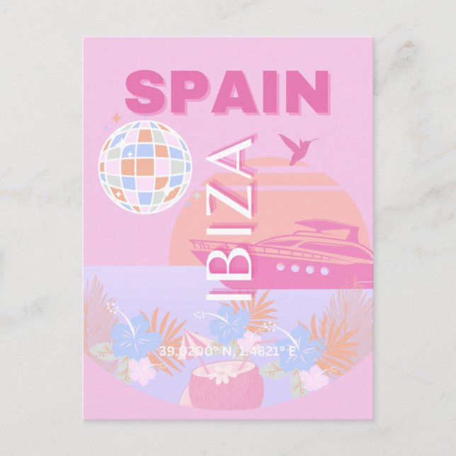 Postal Festiva Ibiza, España, Viajes, Arte Preppy, Rosa (Anverso)