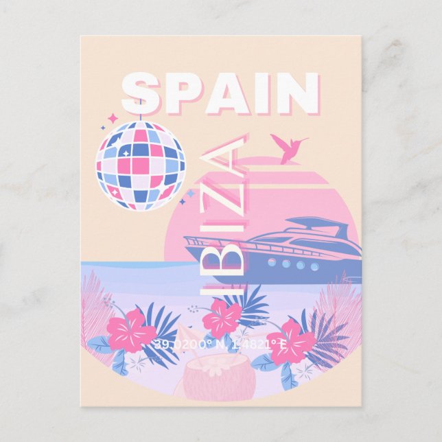 Postal Festiva Ibiza, España, Viajes, Arte Preppy, Rosa, Pastel (Anverso)