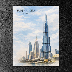 Postal Festiva Icono emblemático Burj Khalifa Dubai Acuarela